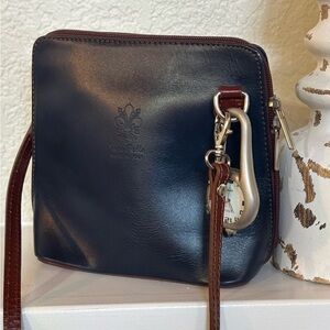 Vera Pelle Blue Leather Crossbody With Clip-on Geneva Watch